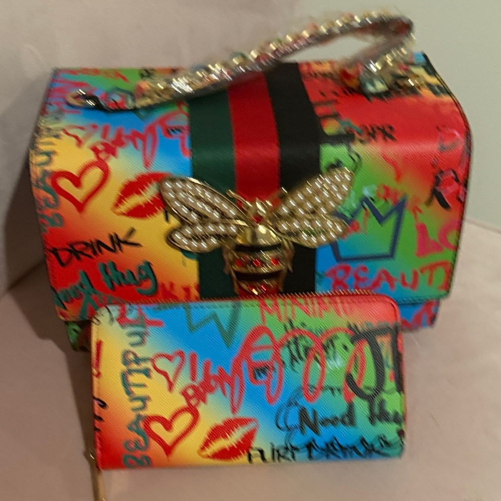 Colorful Designer Women's Bag with Bee Accent with Matching Wallet